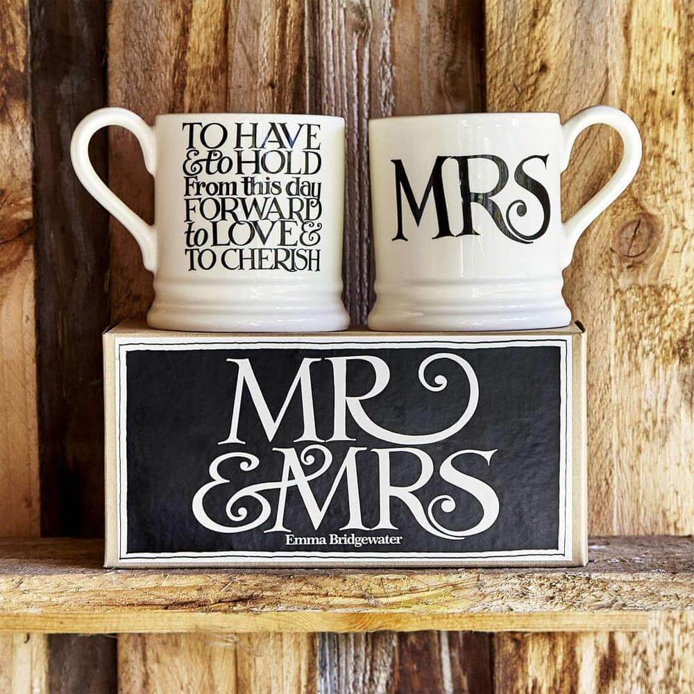 Emma Bridgewater Black Toast Mrs & Mrs Set of 2 Half Pint Mugs